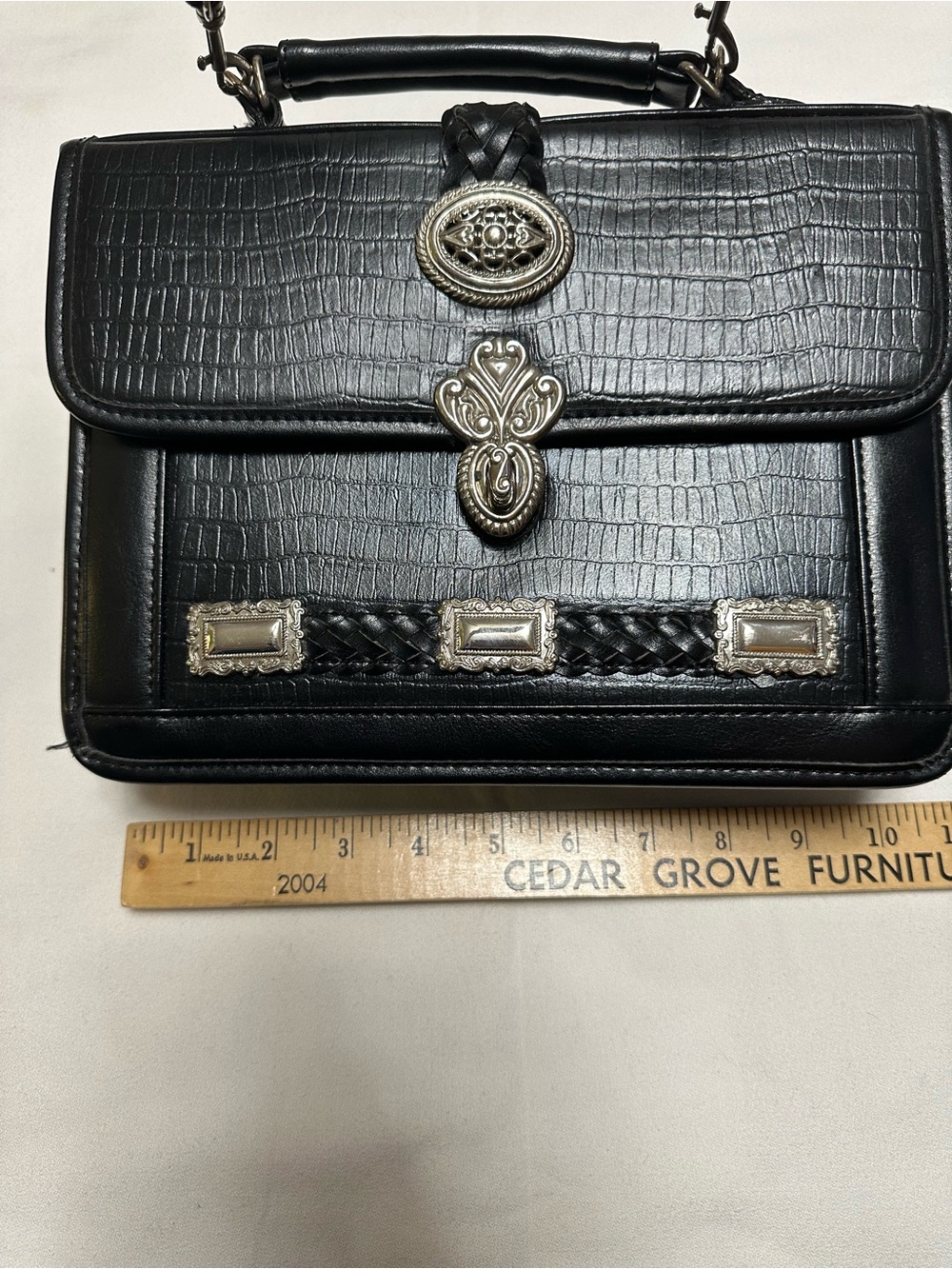 Black Textured Leather Top-Handle Bag with Silver Accents (not Brighton)